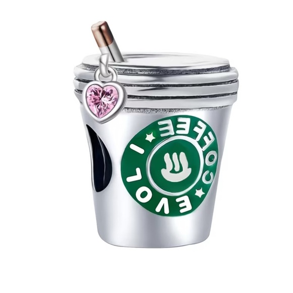 Jewelry - Sterling Silver Coffee Cup Charm with Straw & Pink Heart